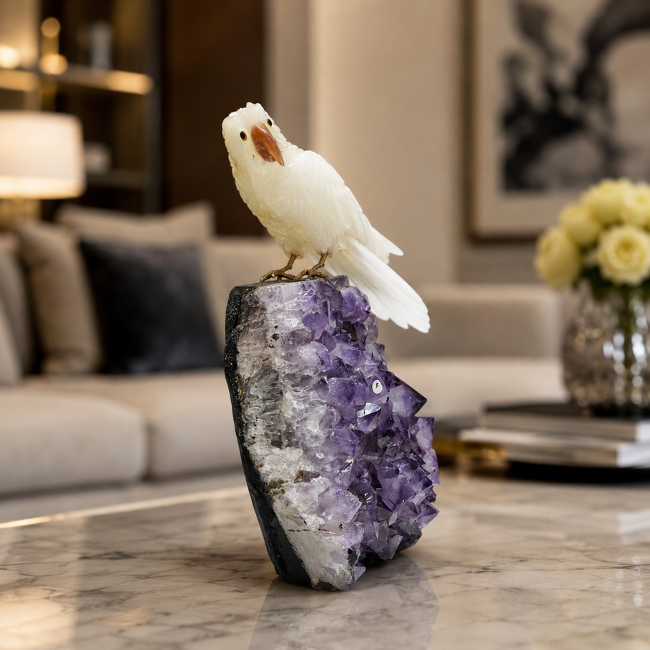 Natural Quartz Crystal Bird Figurine on Amethyst Cluster Base for Protection & Positivity Harmony, 17x35 cm, 7.059 kg