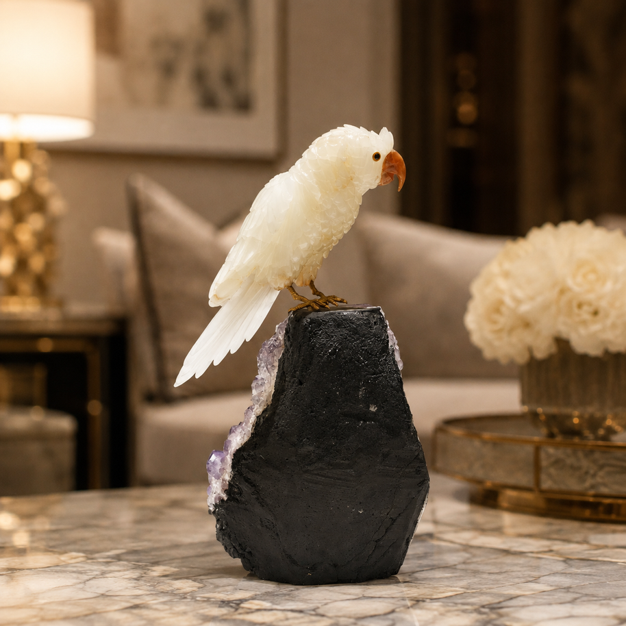 Natural Quartz Crystal Bird Figurine on Amethyst Cluster Base for Protection & Positivity Harmony, 17x35 cm, 7.059 kg