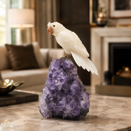 Natural Quartz Crystal Bird Figurine on Amethyst Cluster Base for Protection & Positivity Harmony, 17x35 cm, 7.059 kg