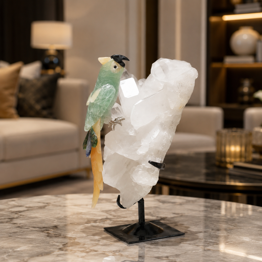 Natural Green Aventurine Crystal Bird Figurine on Quartz Cluster Base for Protection & Positivity Harmony, 16x28 cm, 4.37 kg