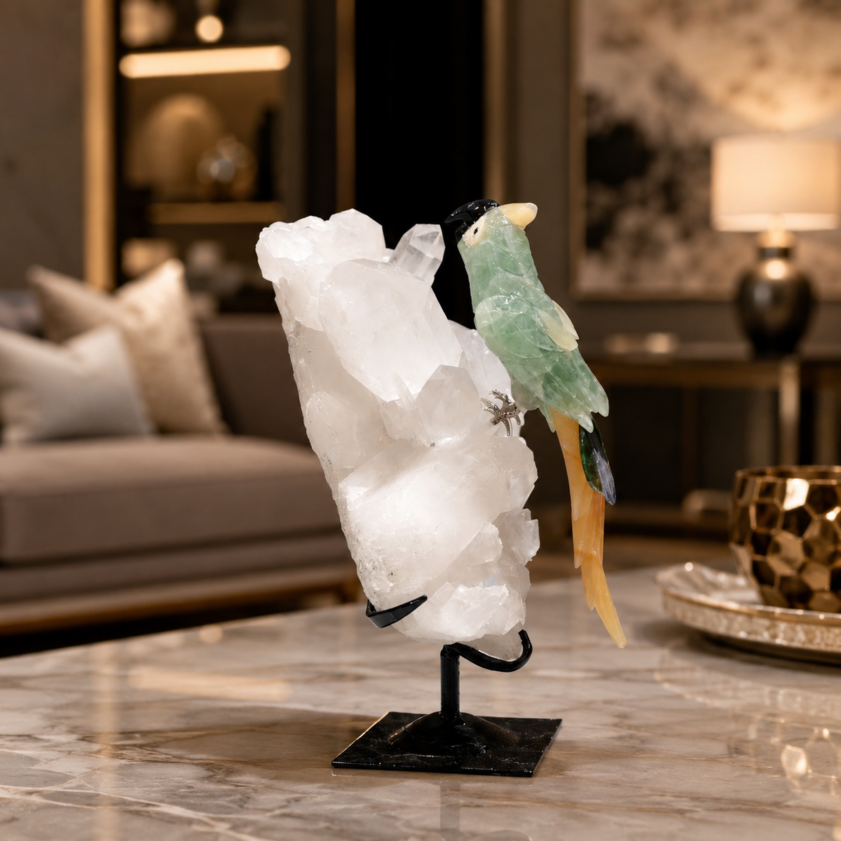 Natural Green Aventurine Crystal Bird Figurine on Quartz Cluster Base for Protection & Positivity Harmony, 16x28 cm, 4.37 kg