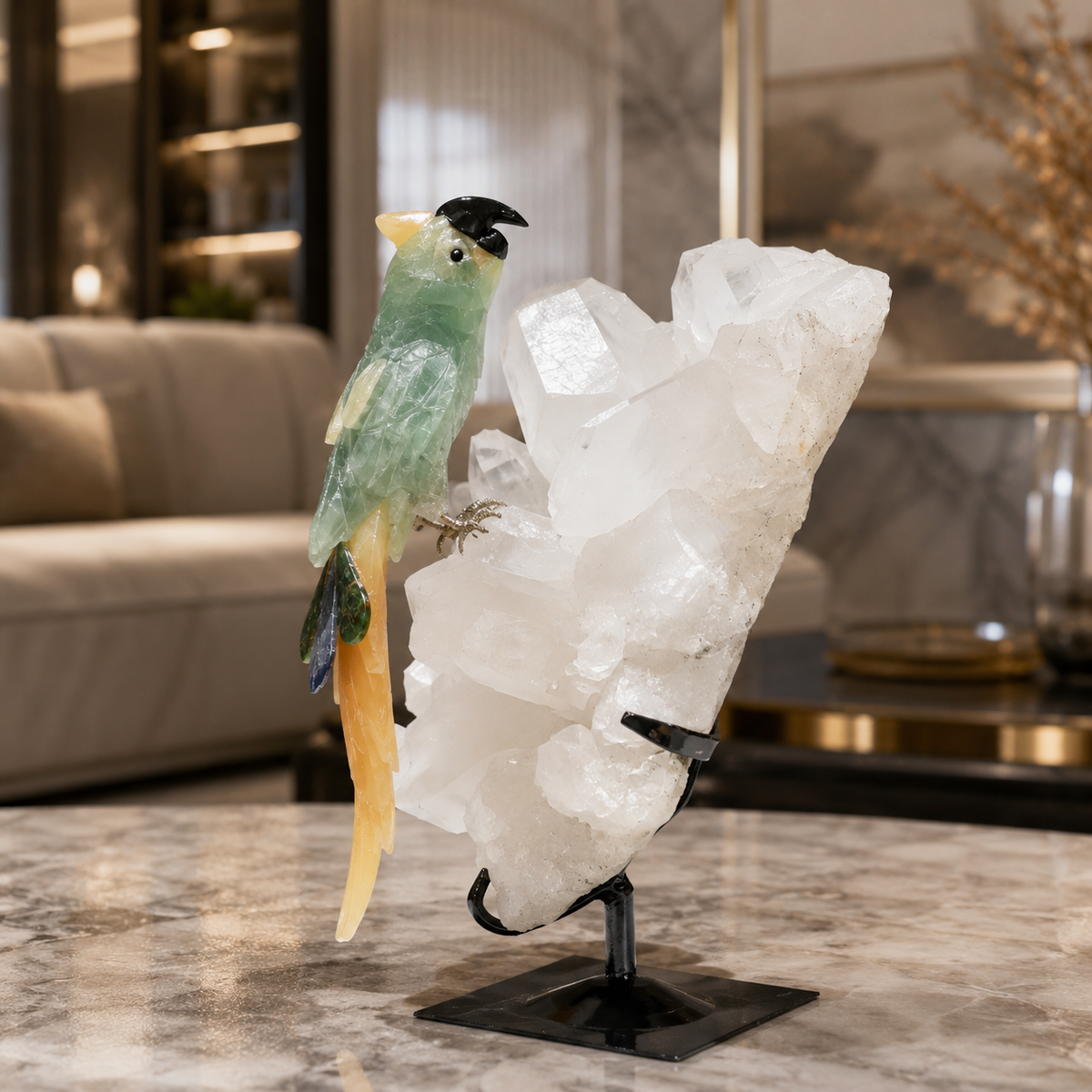 Natural Green Aventurine Crystal Bird Figurine on Quartz Cluster Base for Protection & Positivity Harmony, 16x28 cm, 4.37 kg