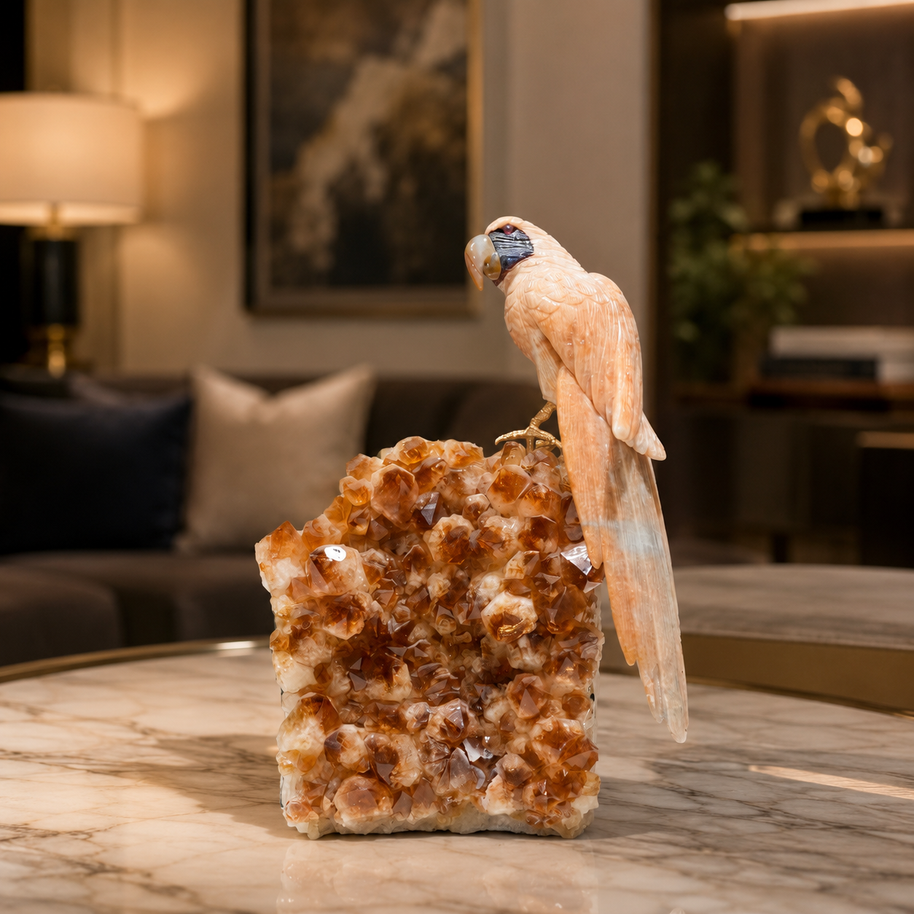 Natural Yellow Calcite Crystal Bird Figurine on Citrine Cluster Base for Protection & Positivity Harmony, 13x28 cm, 3.466 kg