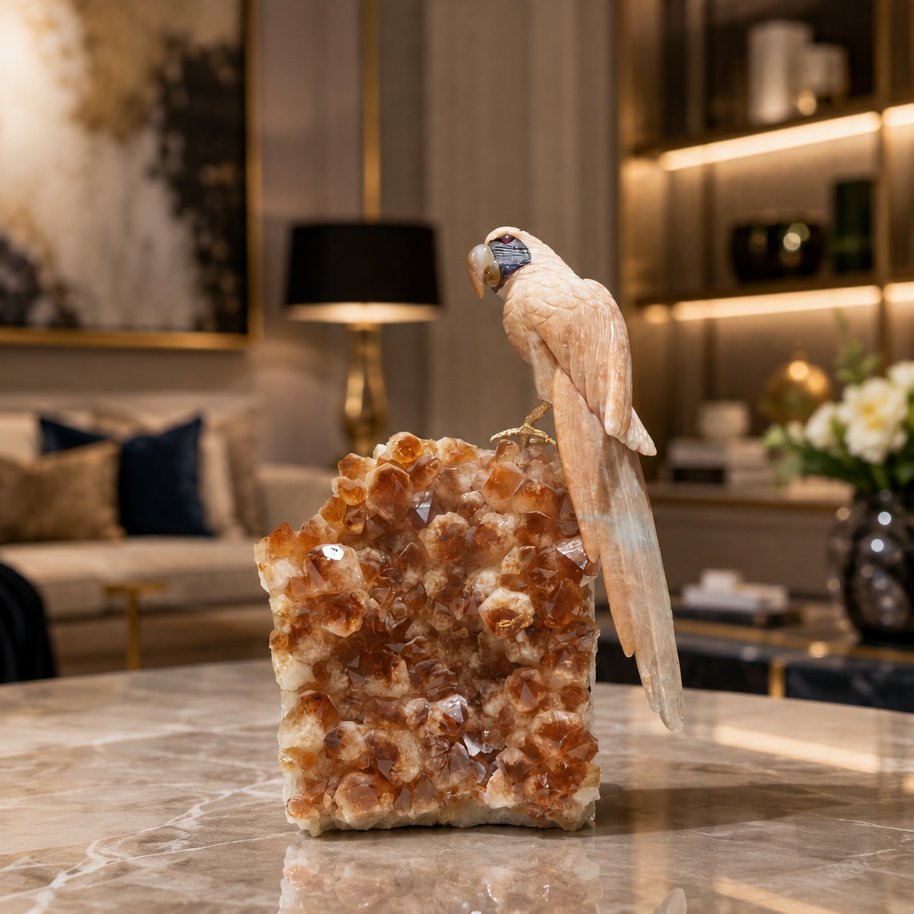 Natural Yellow Calcite Crystal Bird Figurine on Citrine Cluster Base for Protection & Positivity Harmony, 13x28 cm, 3.466 kg