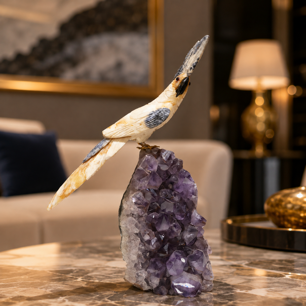 Natural Yellow Calcite Crystal Bird Figurine on Amethyst Cluster Base for Protection & Positivity Harmony, 12x36 cm, 3.87 kg