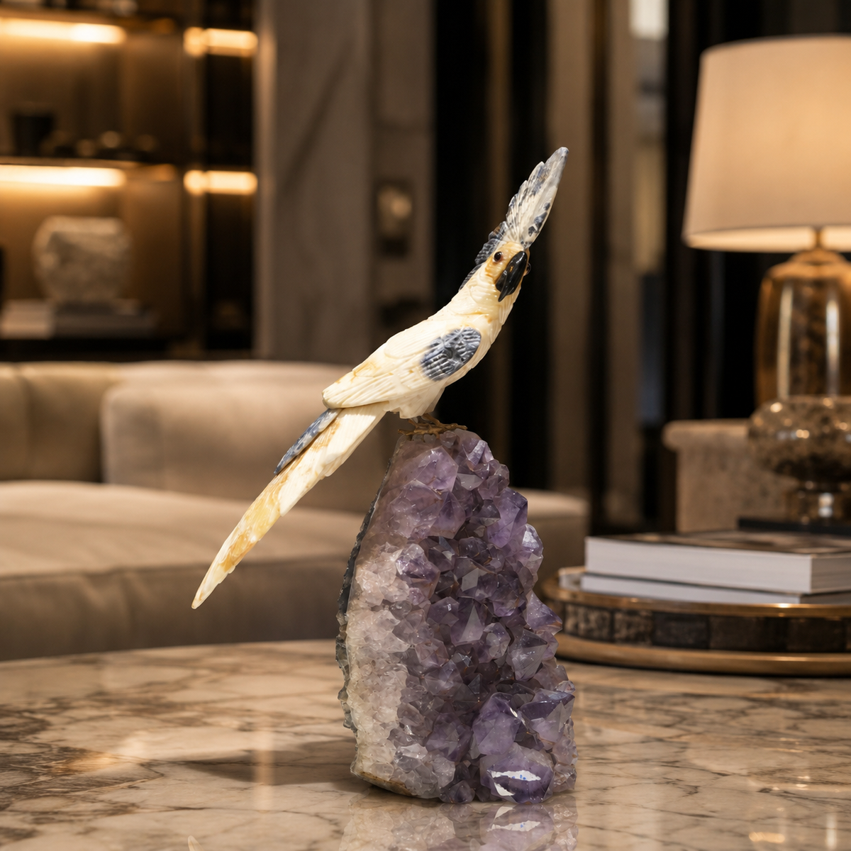 Natural Yellow Calcite Crystal Bird Figurine on Amethyst Cluster Base for Protection & Positivity Harmony, 12x36 cm, 3.87 kg