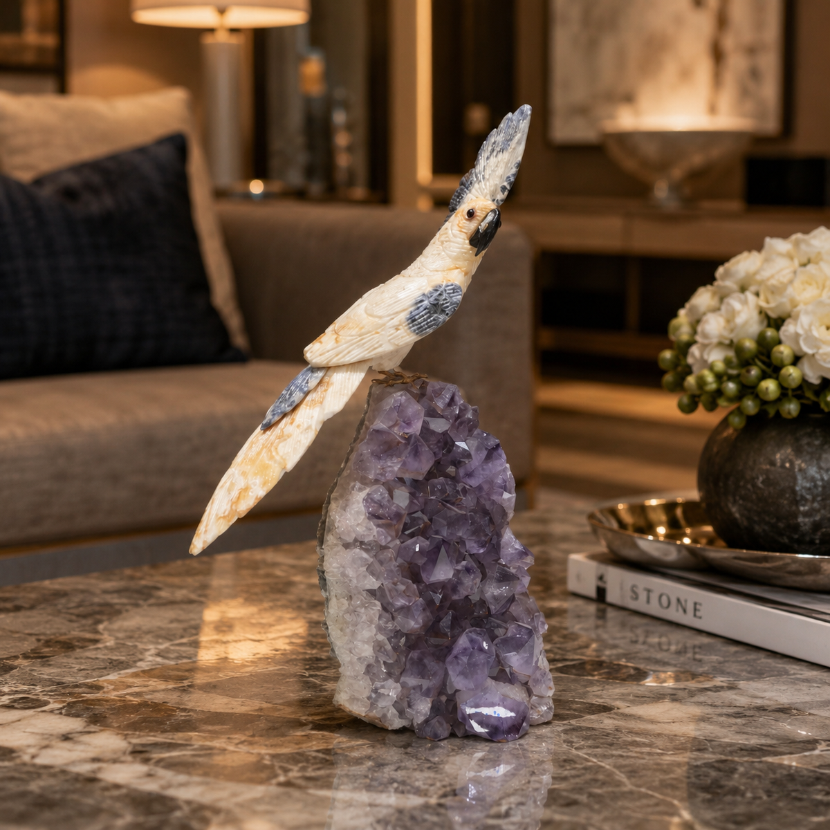 Natural Yellow Calcite Crystal Bird Figurine on Amethyst Cluster Base for Protection & Positivity Harmony, 12x36 cm, 3.87 kg