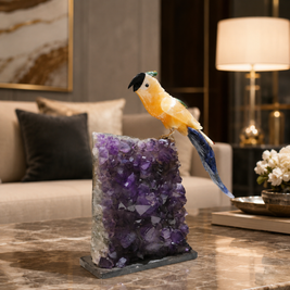 Natural Yellow Calcite & Sodalite Crystal Bird Figurine on Amethyst Cluster Base for Protection & Positivity Harmony, 16x29 cm, 4.147 kg