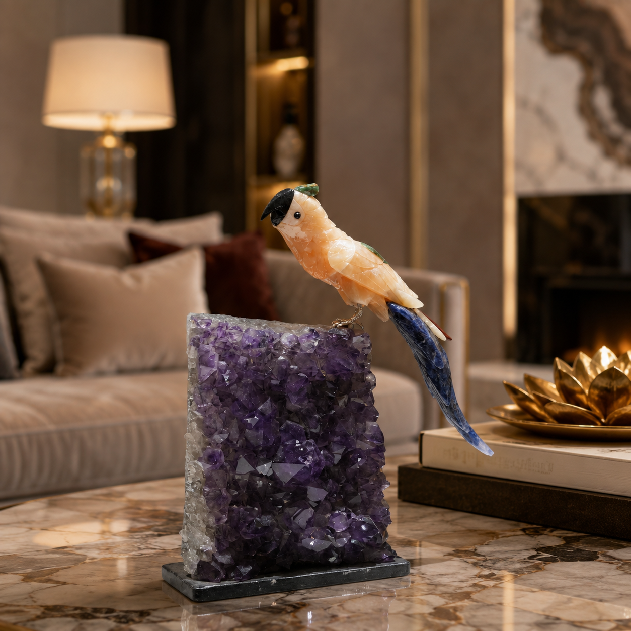 Natural Yellow Calcite & Sodalite Crystal Bird Figurine on Amethyst Cluster Base for Protection & Positivity Harmony, 16x29 cm, 4.147 kg