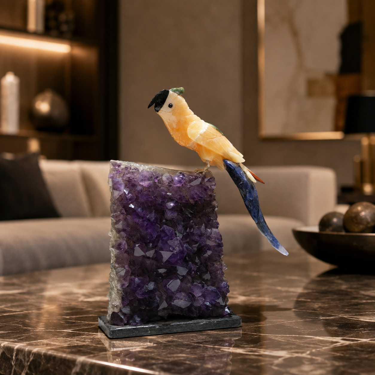 Natural Yellow Calcite & Sodalite Crystal Bird Figurine on Amethyst Cluster Base for Protection & Positivity Harmony, 16x29 cm, 4.147 kg