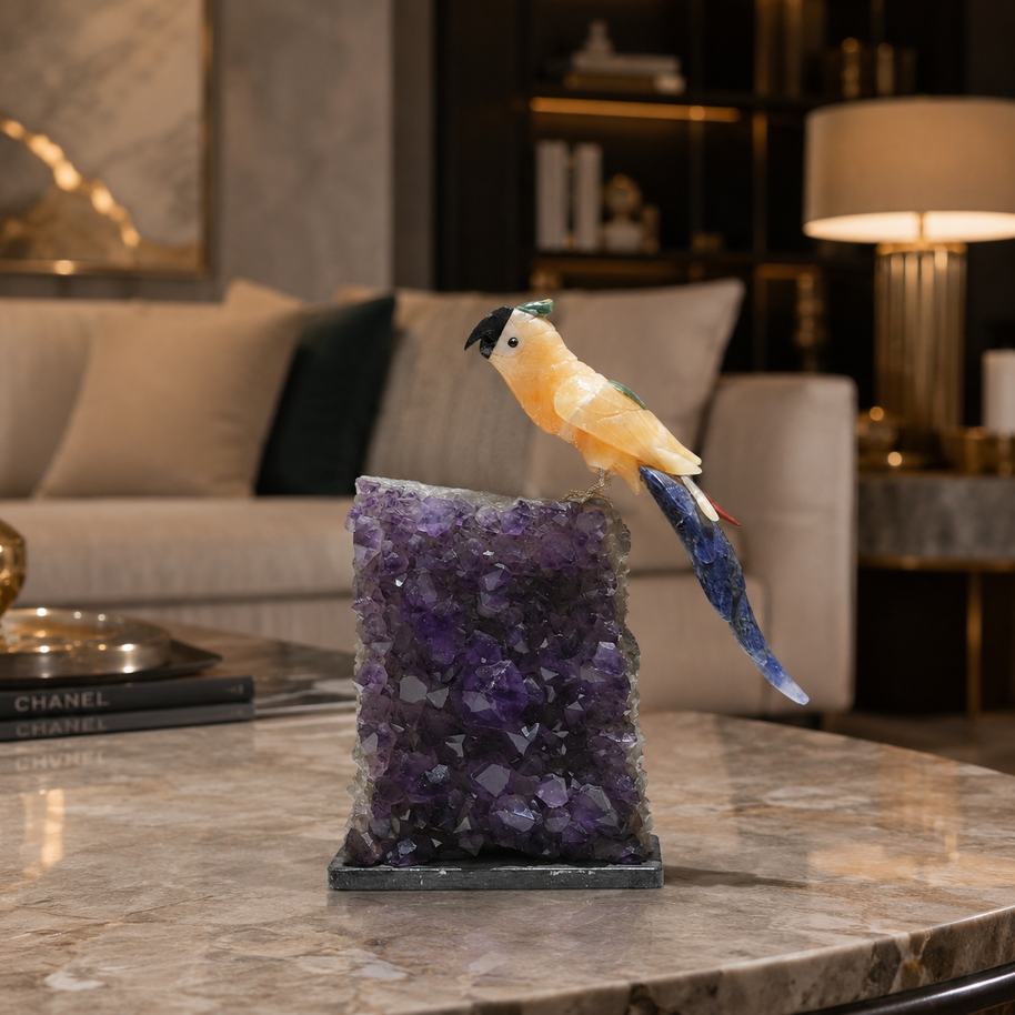 Natural Yellow Calcite & Sodalite Crystal Bird Figurine on Amethyst Cluster Base for Protection & Positivity Harmony, 16x29 cm, 4.147 kg