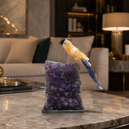 Natural Yellow Calcite & Sodalite Crystal Bird Figurine on Amethyst Cluster Base for Protection & Positivity Harmony, 16x29 cm, 4.147 kg