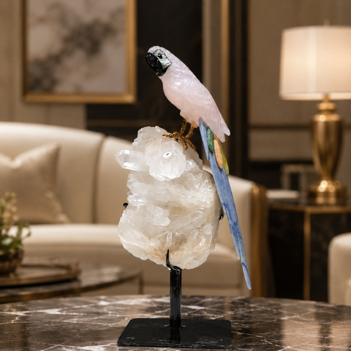 Natural Rose Quartz Crystal Bird Figurine on Quartz Cluster Base for Protection & Positivity Harmony, 10x31 cm, 2.174 kg