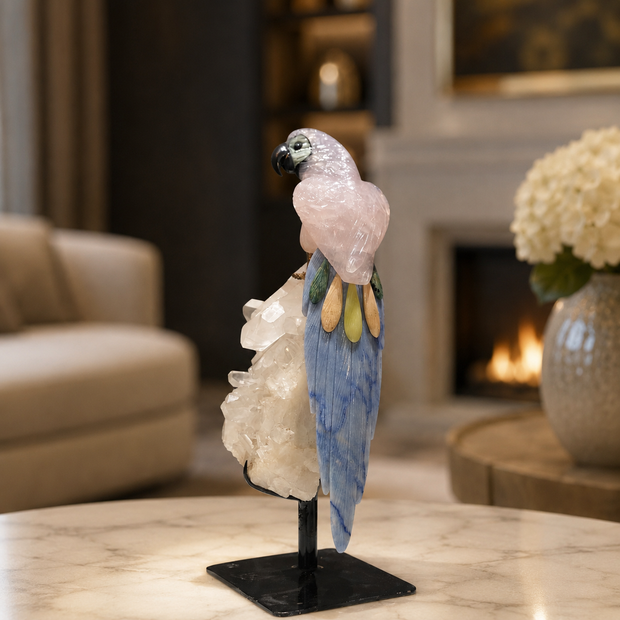 Natural Rose Quartz Crystal Bird Figurine on Quartz Cluster Base for Protection & Positivity Harmony, 10x31 cm, 2.174 kg