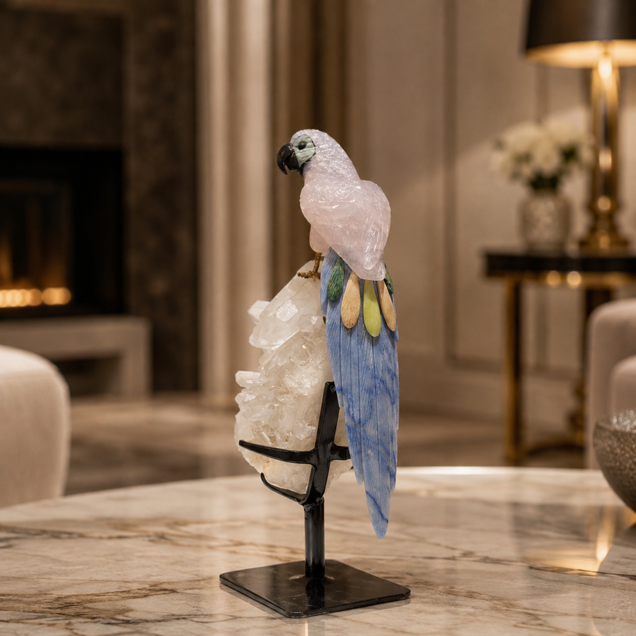 Natural Rose Quartz Crystal Bird Figurine on Quartz Cluster Base for Protection & Positivity Harmony, 10x31 cm, 2.174 kg