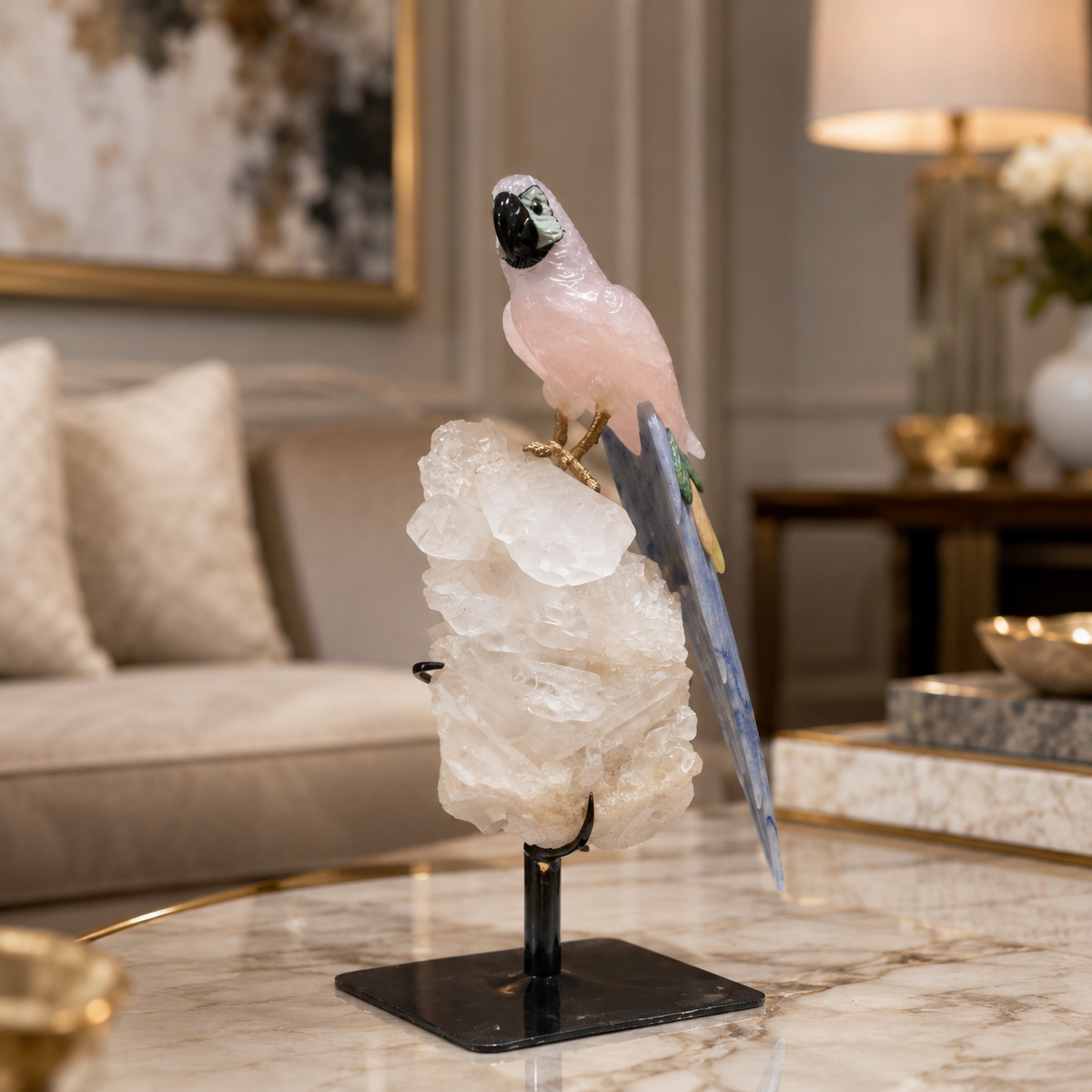 Natural Rose Quartz Crystal Bird Figurine on Quartz Cluster Base for Protection & Positivity Harmony, 10x31 cm, 2.174 kg