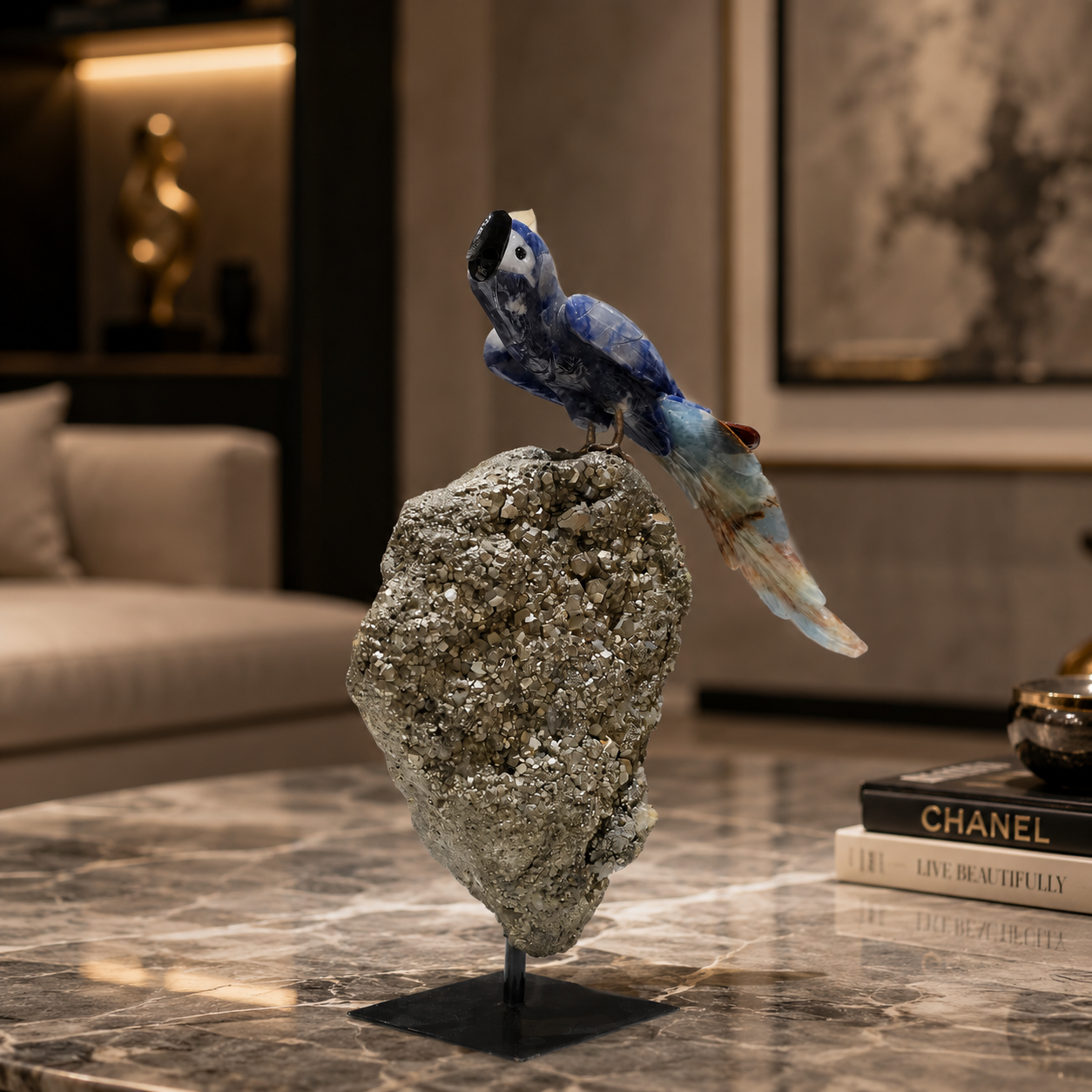 Natural Sodalite Crystal Bird Figurine on Pyrite Base for Protection & Positivity Harmony, 14x32 cm, 4.594 kg