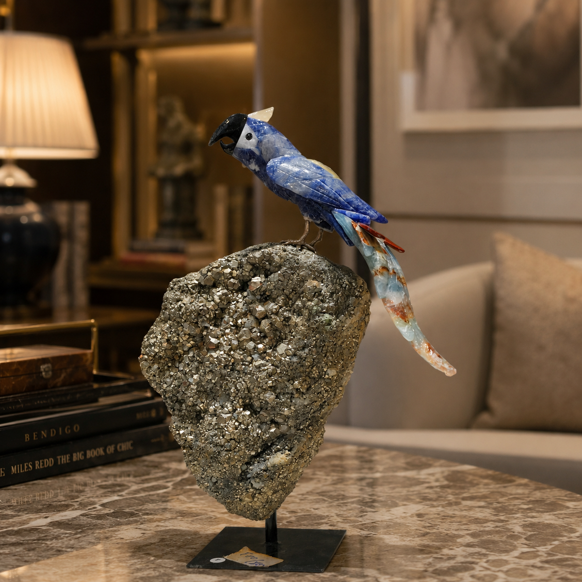Natural Sodalite Crystal Bird Figurine on Pyrite Base for Protection & Positivity Harmony, 14x32 cm, 4.594 kg