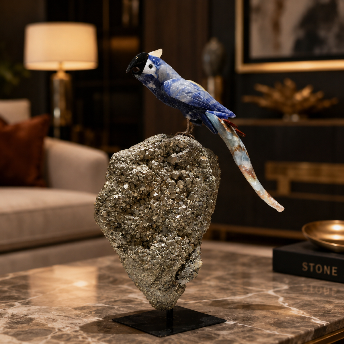 Natural Sodalite Crystal Bird Figurine on Pyrite Base for Protection & Positivity Harmony, 14x32 cm, 4.594 kg