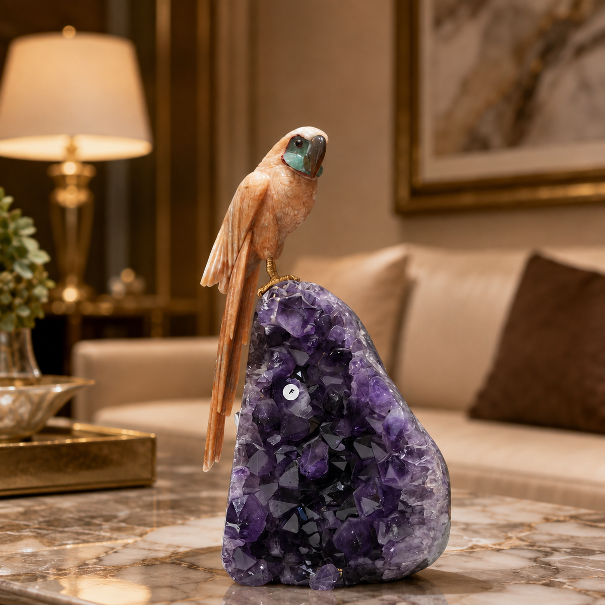 Natural Yellow Calcite & Aventurine Crystal Bird Figurine on Amethyst Cluster Base for Protection & Positivity Harmony, 30x13 cm, 3.572 kg