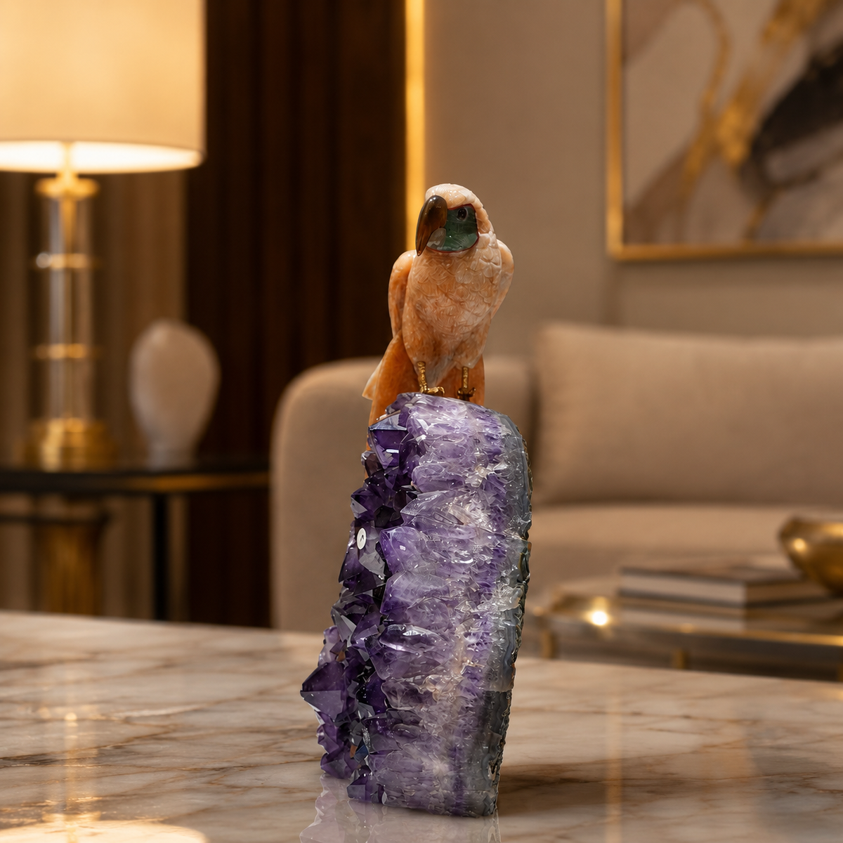Natural Yellow Calcite & Aventurine Crystal Bird Figurine on Amethyst Cluster Base for Protection & Positivity Harmony, 30x13 cm, 3.572 kg