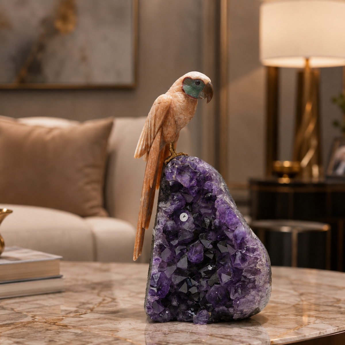 Natural Yellow Calcite & Aventurine Crystal Bird Figurine on Amethyst Cluster Base for Protection & Positivity Harmony, 30x13 cm, 3.572 kg