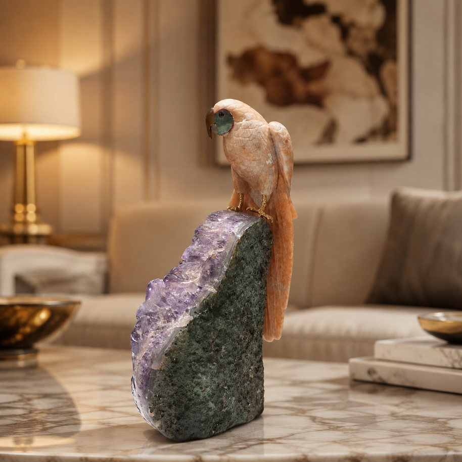 Natural Yellow Calcite & Aventurine Crystal Bird Figurine on Amethyst Cluster Base for Protection & Positivity Harmony, 30x13 cm, 3.572 kg