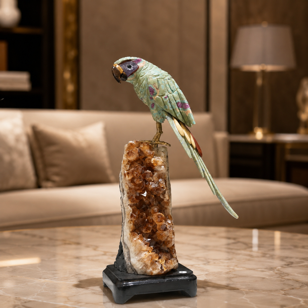 Natural Green Aventurine Crystal Bird Figurine on Citrine Cluster Base for Protection & Positivity Harmony, 10x31 cm, 2.426 kg