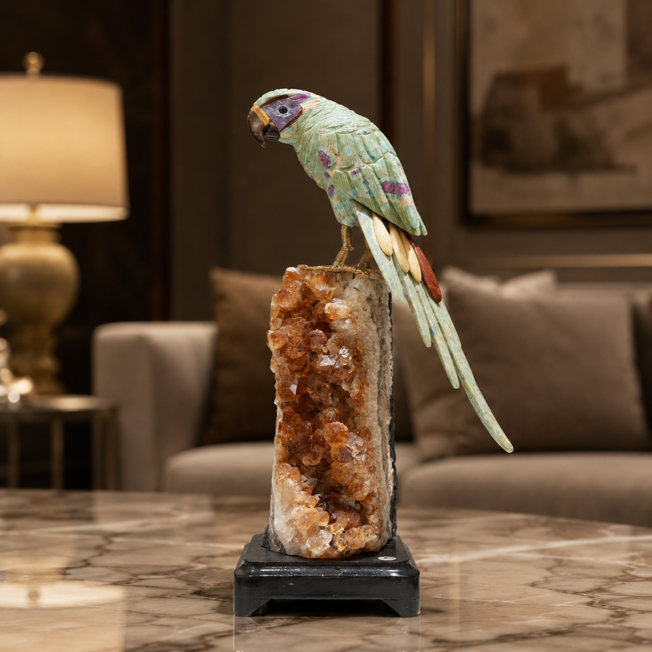 Natural Green Aventurine Crystal Bird Figurine on Citrine Cluster Base for Protection & Positivity Harmony, 10x31 cm, 2.426 kg