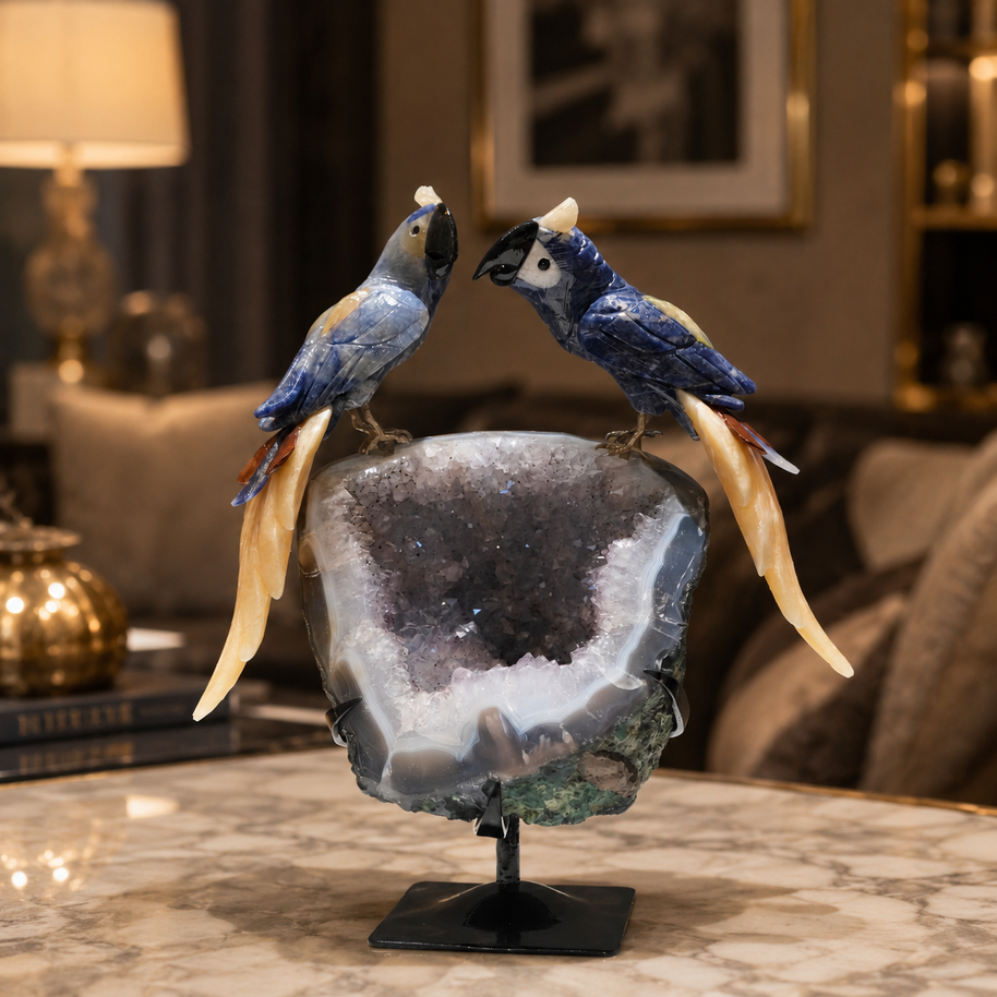 Natural Sodalite Crystal Bird Figurine on Agate Geode Base for Protection & Positivity Harmony, 25x32 cm, 4.309 kg