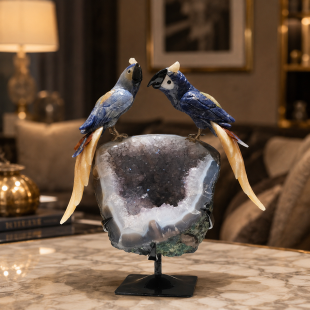 Natural Sodalite Crystal Bird Figurine on Agate Geode Base for Protection & Positivity Harmony, 25x32 cm, 4.309 kg