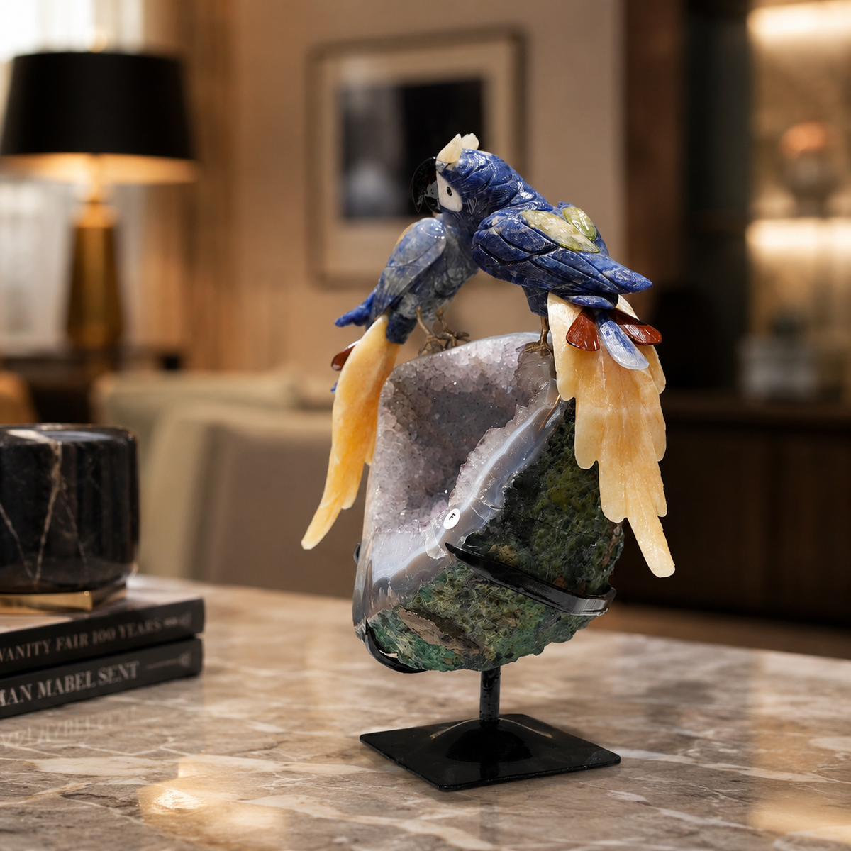 Natural Sodalite Crystal Bird Figurine on Agate Geode Base for Protection & Positivity Harmony, 25x32 cm, 4.309 kg