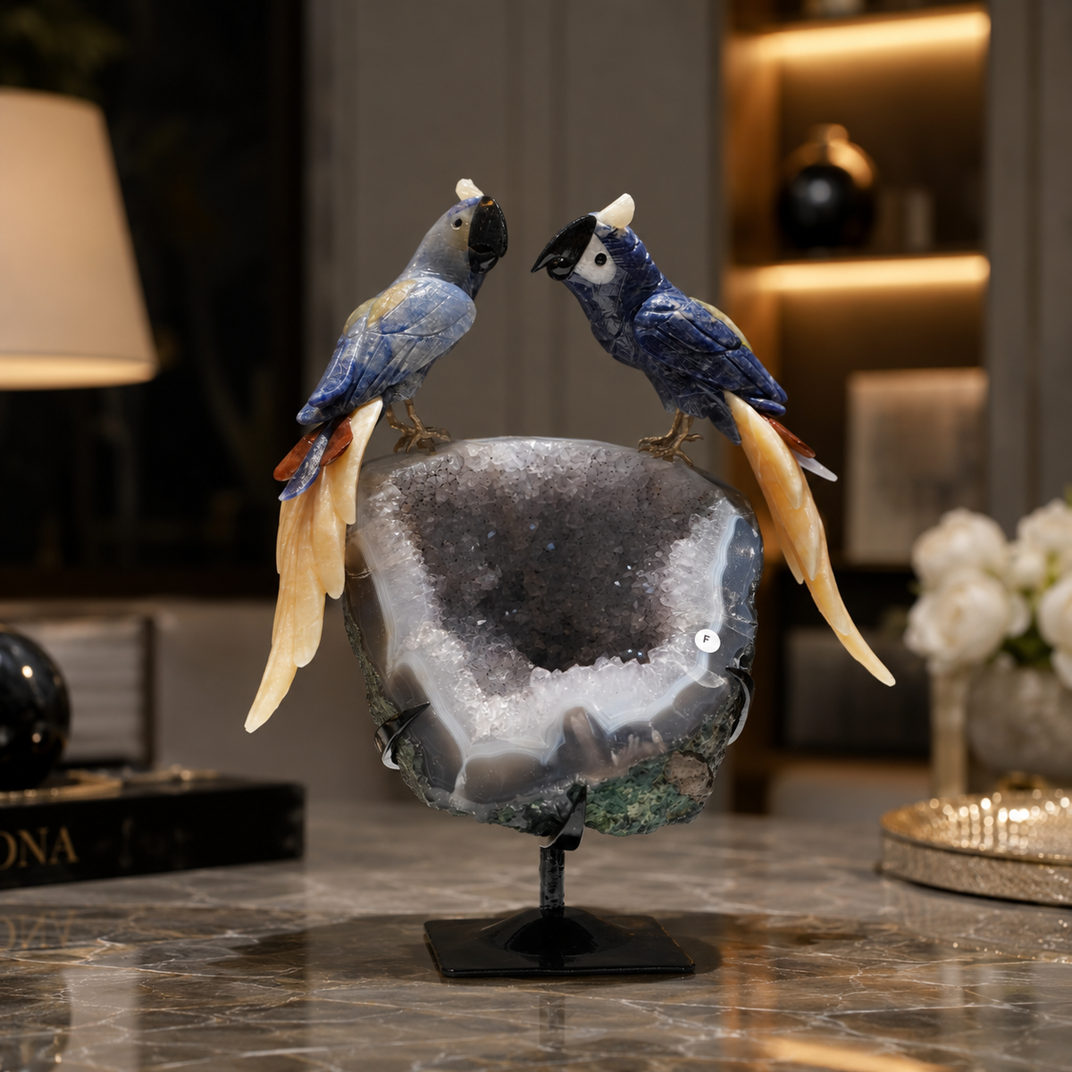 Natural Sodalite Crystal Bird Figurine on Agate Geode Base for Protection & Positivity Harmony, 25x32 cm, 4.309 kg