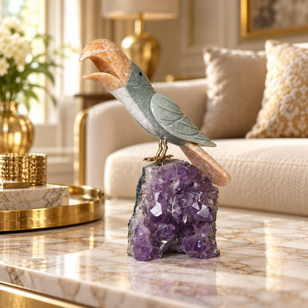 Natural Green Aventurine & Calcite Crystal Bird Figurine on Amethyst Cluster Base for Protection & Positivity Harmony, 20x8 cm, 0.803 kg