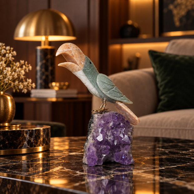 Natural Green Aventurine & Calcite Crystal Bird Figurine on Amethyst Cluster Base for Protection & Positivity Harmony, 20x8 cm, 0.803 kg