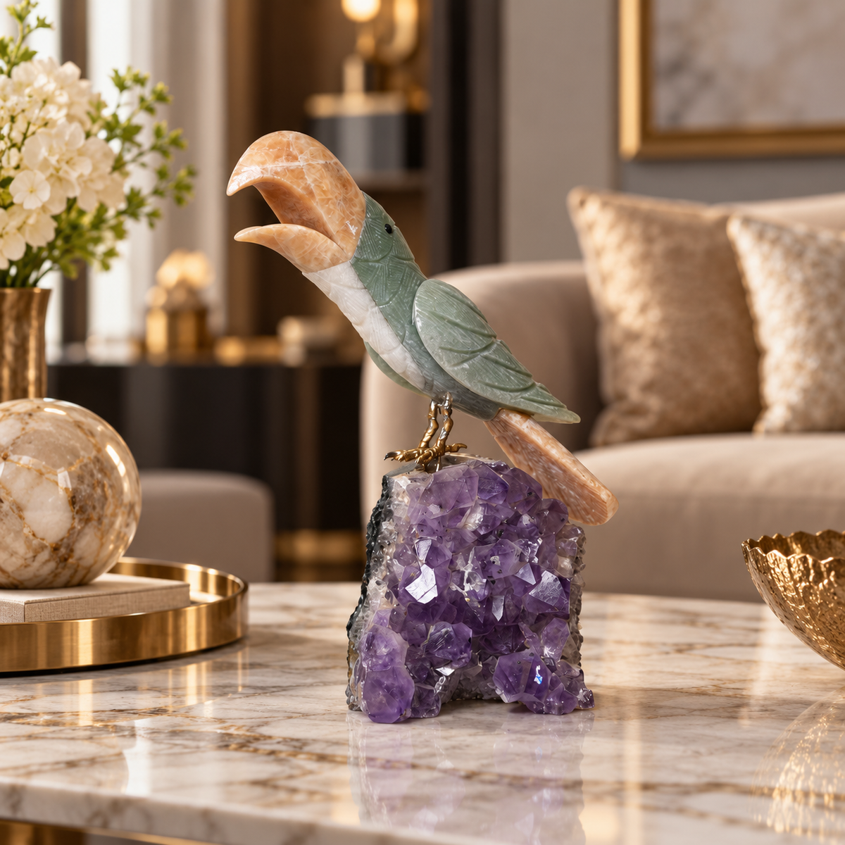 Natural Green Aventurine & Calcite Crystal Bird Figurine on Amethyst Cluster Base for Protection & Positivity Harmony, 20x8 cm, 0.803 kg