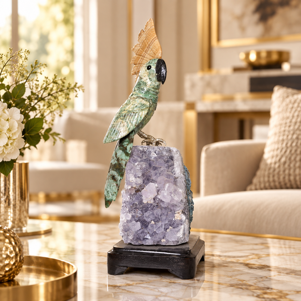 Natural Aventurine & Calcite Crystal Bird Figurine on Amethyst Cluster Base for Protection & Positivity Harmony, 9x25 cm, 1.004 kg