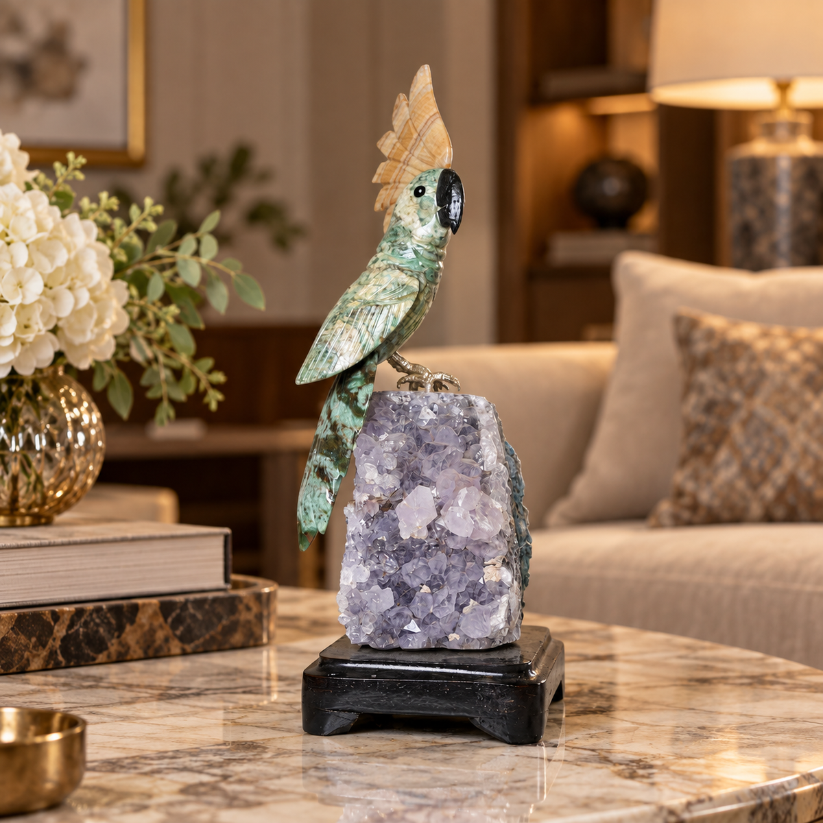 Natural Aventurine & Calcite Crystal Bird Figurine on Amethyst Cluster Base for Protection & Positivity Harmony, 9x25 cm, 1.004 kg