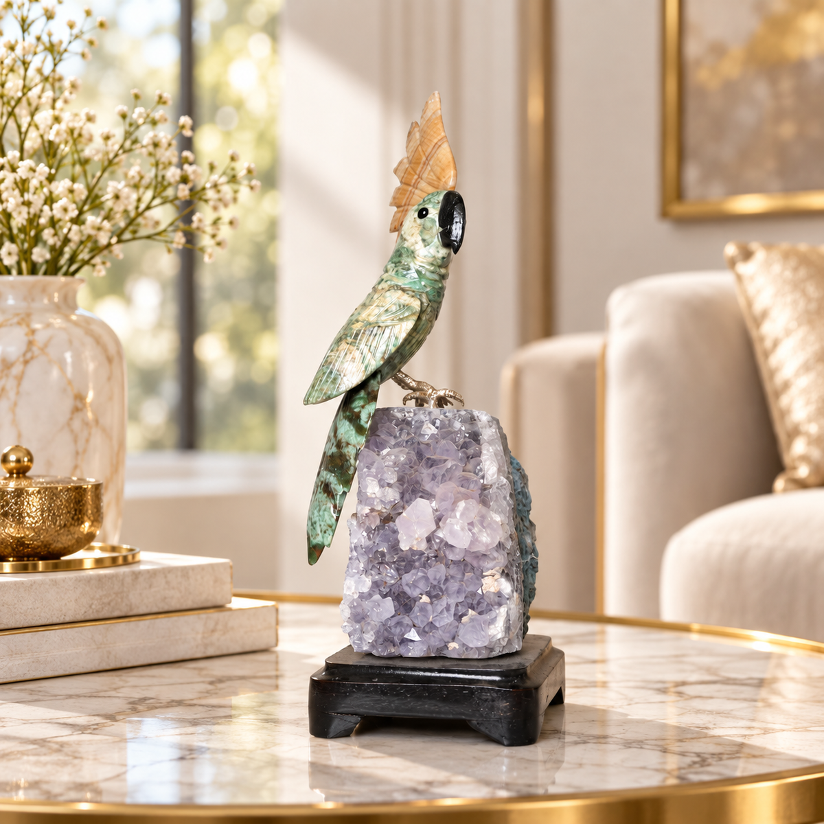 Natural Aventurine & Calcite Crystal Bird Figurine on Amethyst Cluster Base for Protection & Positivity Harmony, 9x25 cm, 1.004 kg