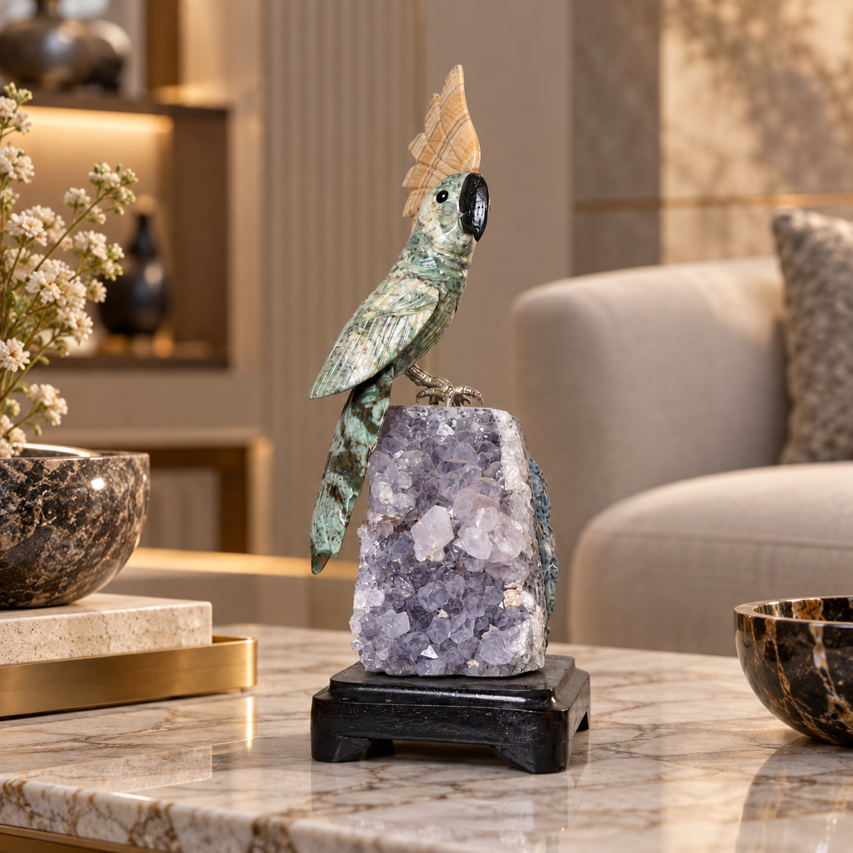 Natural Aventurine & Calcite Crystal Bird Figurine on Amethyst Cluster Base for Protection & Positivity Harmony, 9x25 cm, 1.004 kg