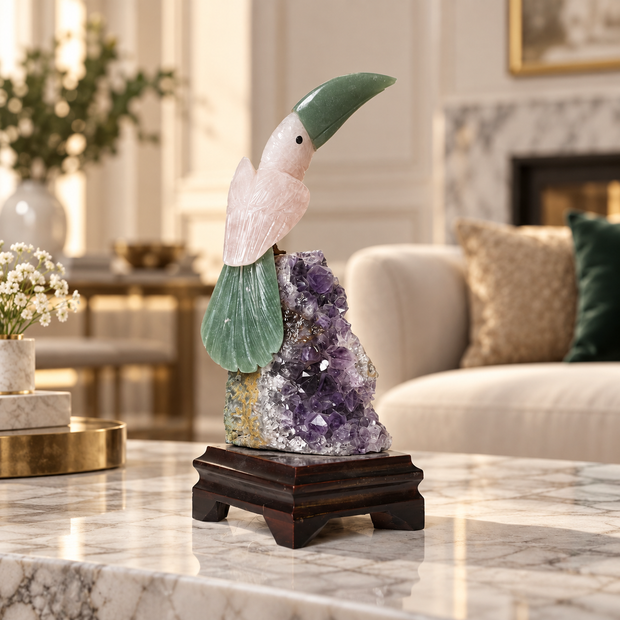 Natural Quartz & Aventurine Crystal Bird Figurine on Amethyst Cluster Base for Protection & Positivity Harmony, 9x23 cm, 0.713 kg