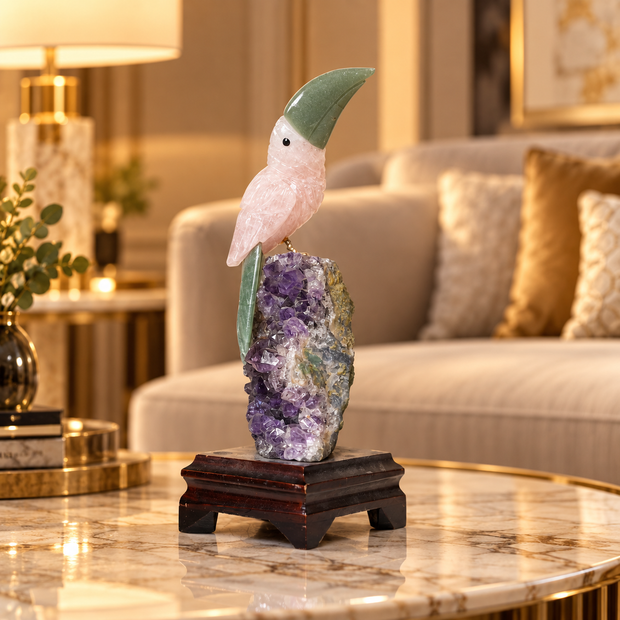 Natural Quartz & Aventurine Crystal Bird Figurine on Amethyst Cluster Base for Protection & Positivity Harmony, 9x23 cm, 0.713 kg