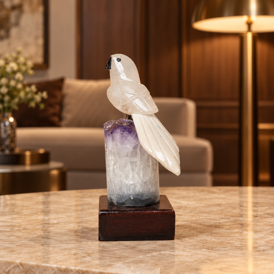 Natural Quartz Crystal Bird Figurine on Amethyst Base for Protection & Positivity Harmony, 5x13 cm, 0.251 kg