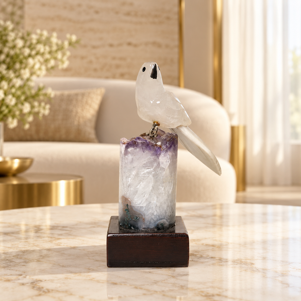 Natural Quartz Crystal Bird Figurine on Amethyst Base for Protection & Positivity Harmony, 5x13 cm, 0.251 kg