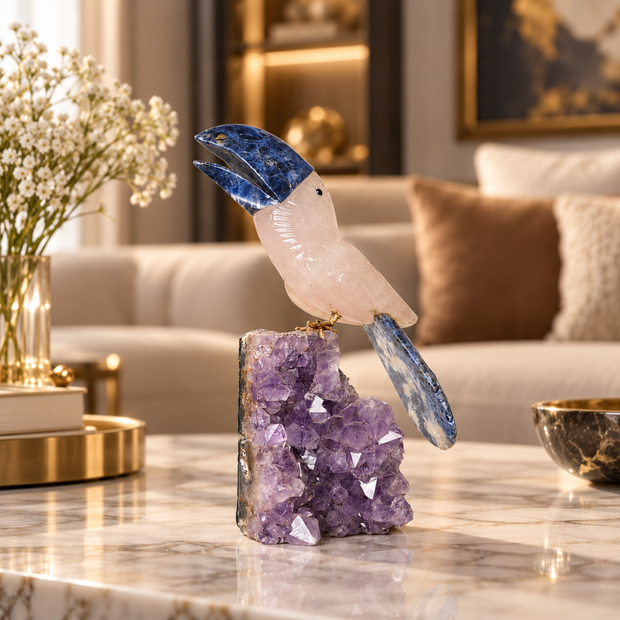 Natural Quartz & Sodalite Crystal Bird Figurine on Amethyst Cluster Base for Protection & Positivity Harmony, 21x8 cm, 0.817 kg