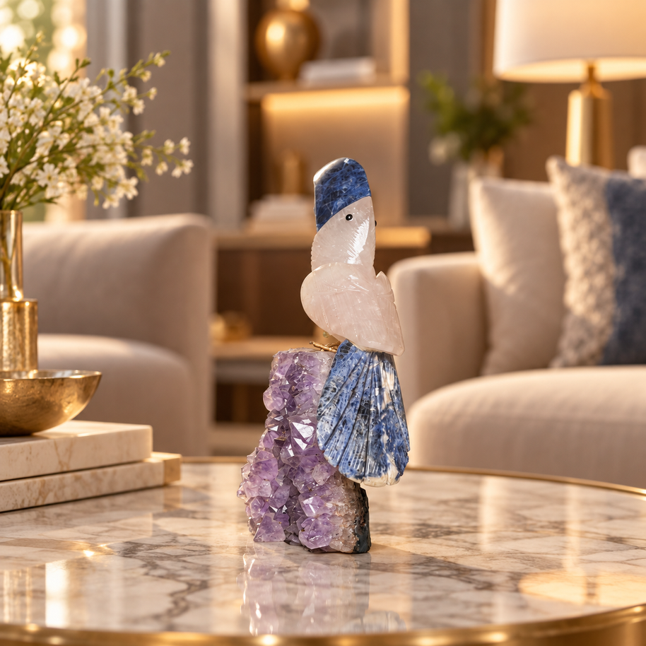 Natural Quartz & Sodalite Crystal Bird Figurine on Amethyst Cluster Base for Protection & Positivity Harmony, 21x8 cm, 0.817 kg