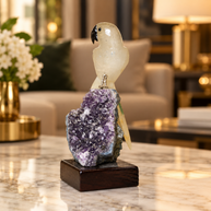 Natural Quartz Crystal Bird Figurine on Amethyst Cluster Base for Protection & Positivity Harmony, 7x15 cm, 0.400 kg