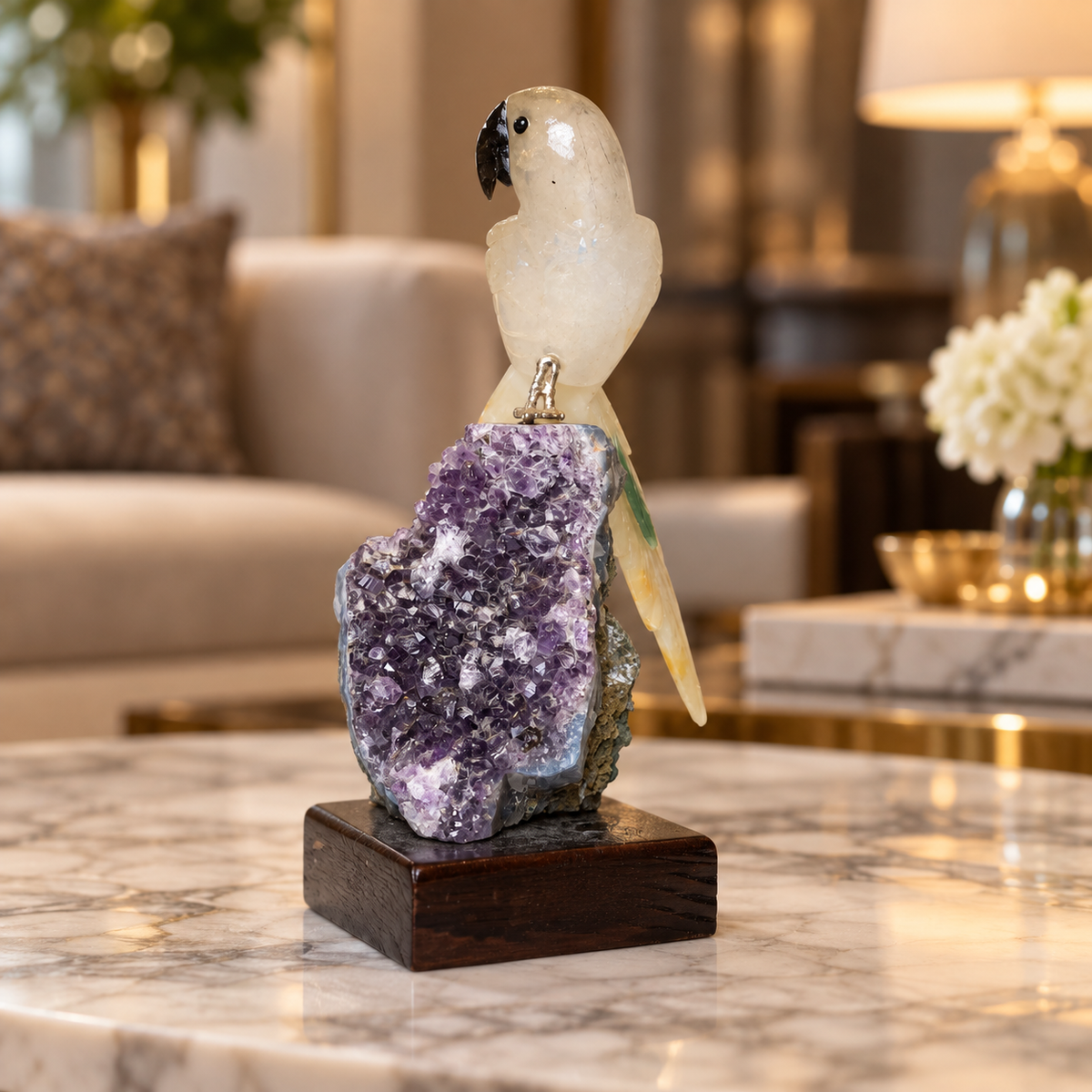 Natural Quartz Crystal Bird Figurine on Amethyst Cluster Base for Protection & Positivity Harmony, 7x15 cm, 0.400 kg