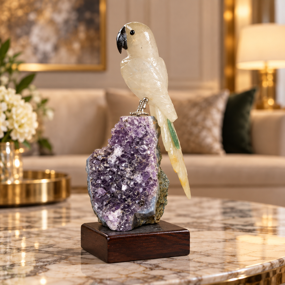 Natural Quartz Crystal Bird Figurine on Amethyst Cluster Base for Protection & Positivity Harmony, 7x15 cm, 0.400 kg