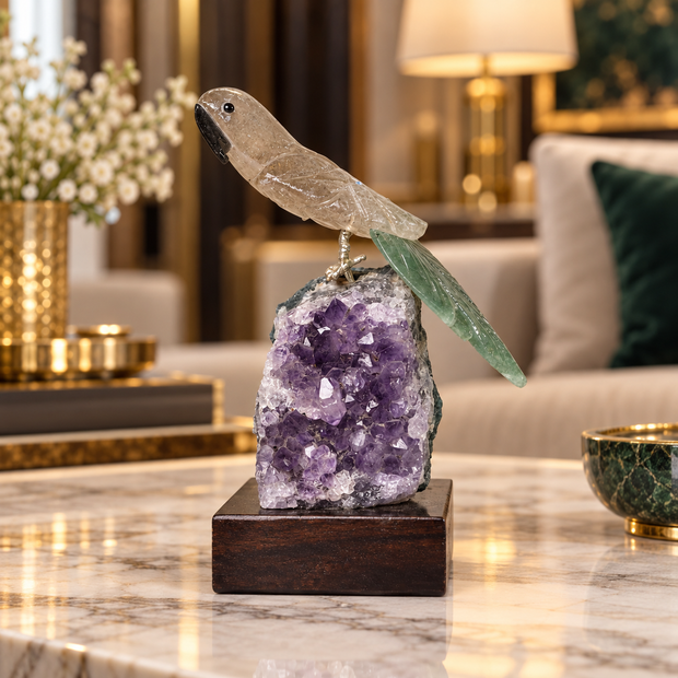 Natural Quartz & Aventurine Crystal Bird Figurine on Amethyst Cluster Base for Protection & Positivity Harmony, 5x12 cm, 0.258 kg
